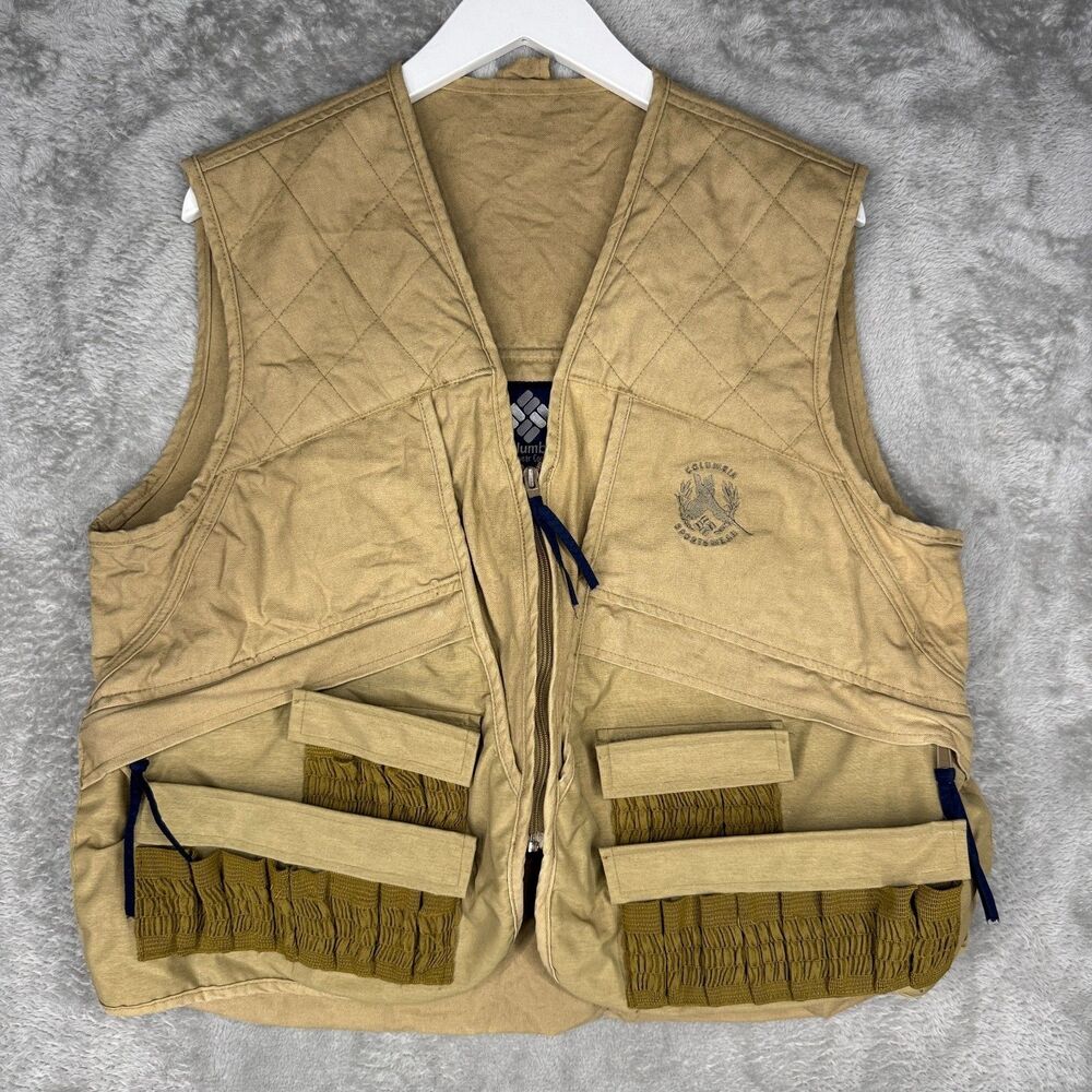 Vtg Columbia Sportswear Hunting Vest Men Medium Tan Utility Pockets Full Zip 80s